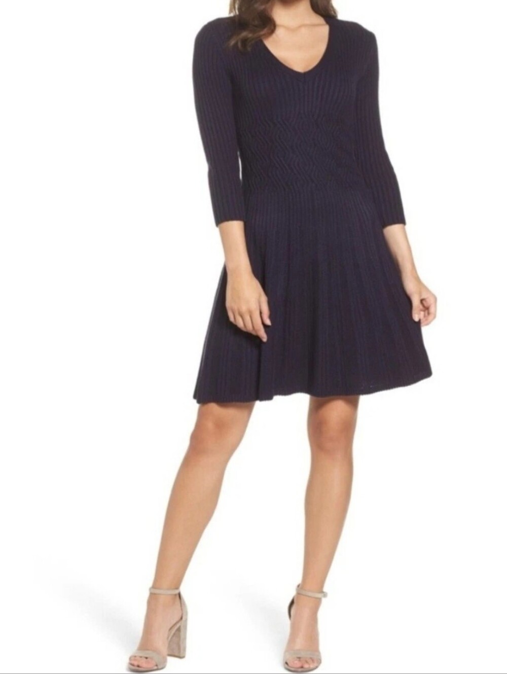 Eliza J Navy Ribbed V-Neck Fit-and-Flare Dress Size XS